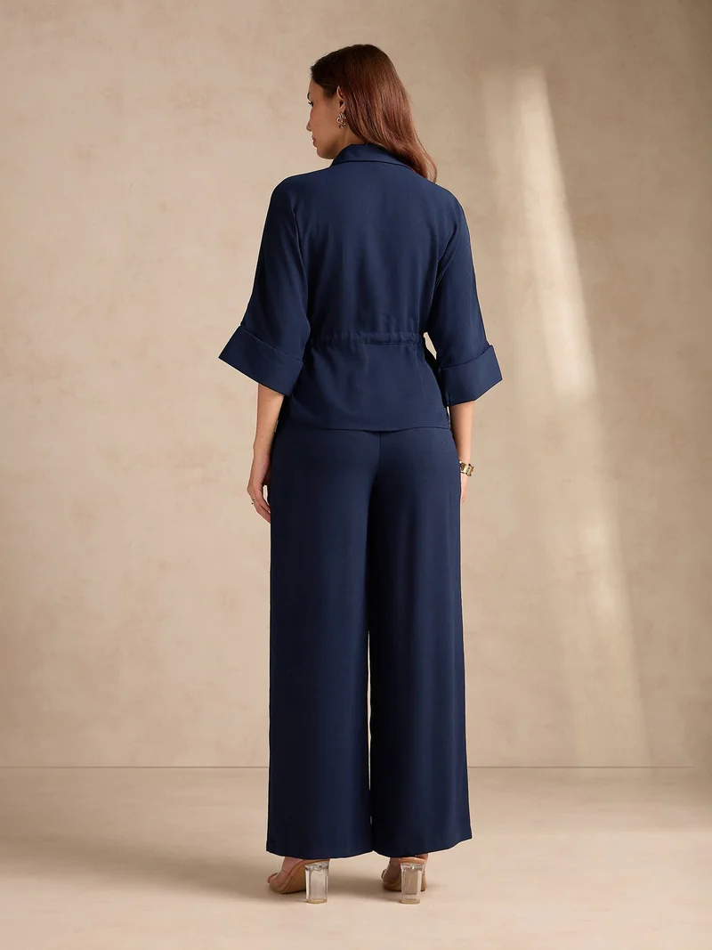 Outzidr  Navy Blue Coord Set With Oversized Utility Shirt With Wide Leg Touser In Elevated Textured Fabric for Women | Best Price UAE